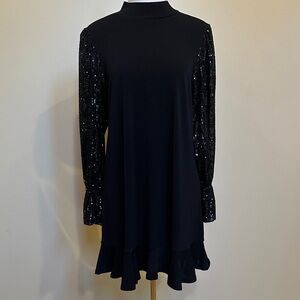 CeCe Black Cocktail Dress with Sequin Sleeves and a Ruffle Hem